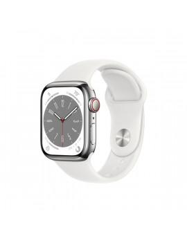 Apple Watch S8 Cellular (41mm) ezüst rozsdamentes acél tok, fehér sportszíjas okosóra