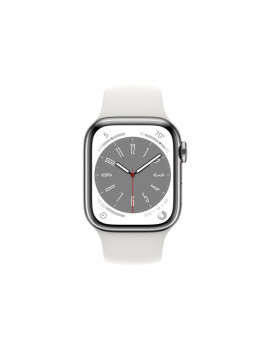 Apple Watch S8 Cellular (41mm) ezüst rozsdamentes acél tok, fehér sportszíjas okosóra