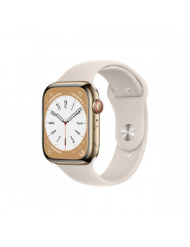 Apple Watch S8 Cellular (45mm) arany rozsdamentes acél tok, fehér sportszíjas okosóra