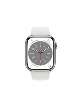 Apple Watch S8 Cellular (45mm) ezüst rozsdamentes acél tok, fehér sportszíjas okosóra