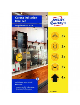 Avery 49415 20cm sárga 12db-os 5 féle koronavírus információs címke szett