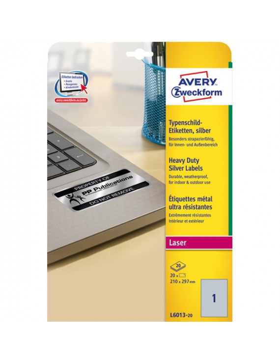 Avery L6013-20 210×297mm vízálló 20db-os ezüst etikett