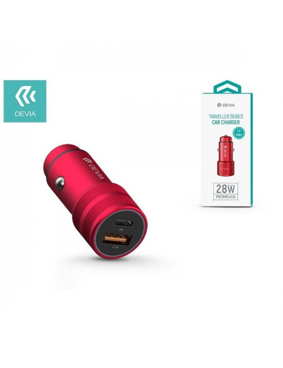 Devia ST325854 1xUSB + 1xType-C  PD Power Delivery 28W piros autós gyorstöltő