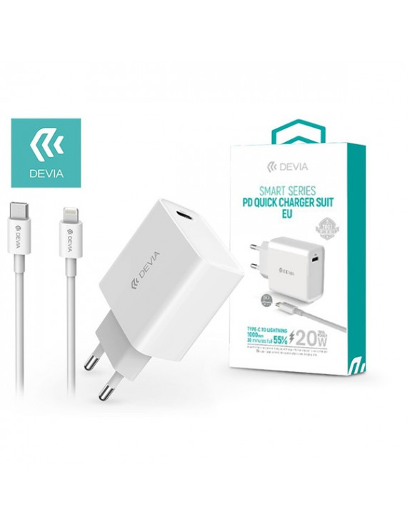 Devia ST346293 20W 3.0 QC USB Type-C fehér hálózati gyorstöltő adapter + Type-C/Lightning adatkábel