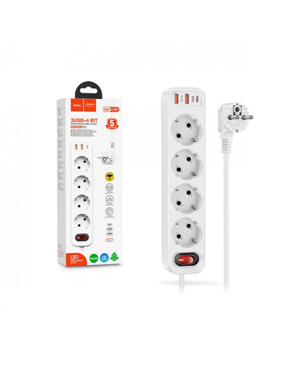 Hoco HOC0281 20W Type-C PD3.0 és 18W 2xUSB-A QC3.0 - fehér hálózati elosztó 4 aljzattal