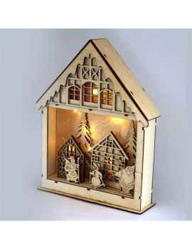 Iris Karácsonyi ház alakú 23,5x29cm/meleg fehér LED-es fa fénydekoráció