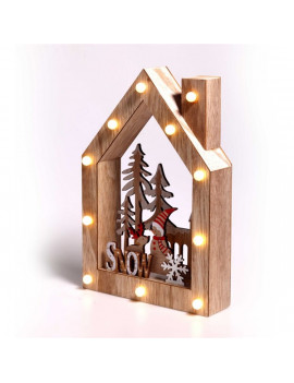 Iris Karácsonyi ház alakú Télapó-rénszarvas mintás/20x30x5,5cm/meleg fehér LED-es fa fénydekoráció
