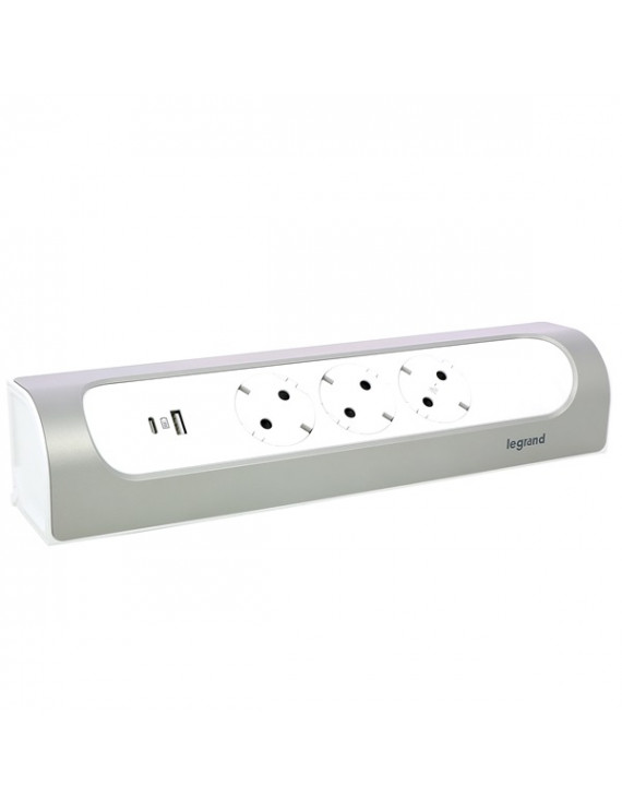 Legrand 694504 vezeték nélküli sarokba illeszkedő fehér-alumínium 3x2P+F, USB-A + USB-C elosztósor
