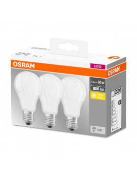 Osram Base matt műanyag búra/8,5W/806lm/2700K/E27/dobozos LED körte izzó 3 db