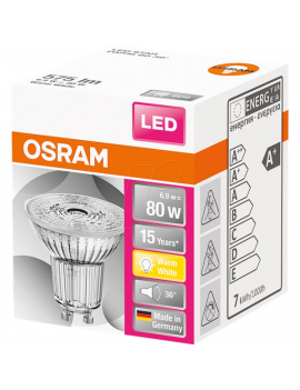 Osram Star PAR16 üveg ház/6,9W/575lm/2700K/GU10/230V/36fok/83lm/W LED spot izzó