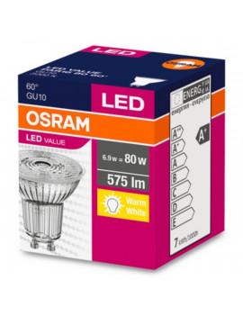Osram Value PAR16 üveg ház/6,9W/575lm/3000K/GU10/230V/meleg fehér/60fok LED spot izzó