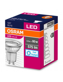 Osram Value PAR16 üveg ház/6,9W/575lm/6500K/GU10/230V/nappali fényű/120fok LED spot izzó
