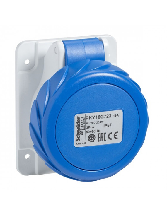 Schneider PKY16G723 PRATIKA 2P+F/6h/16A/250V/IP67/gyorscsatlakozás/panelre szerelhető egyenes aljzat