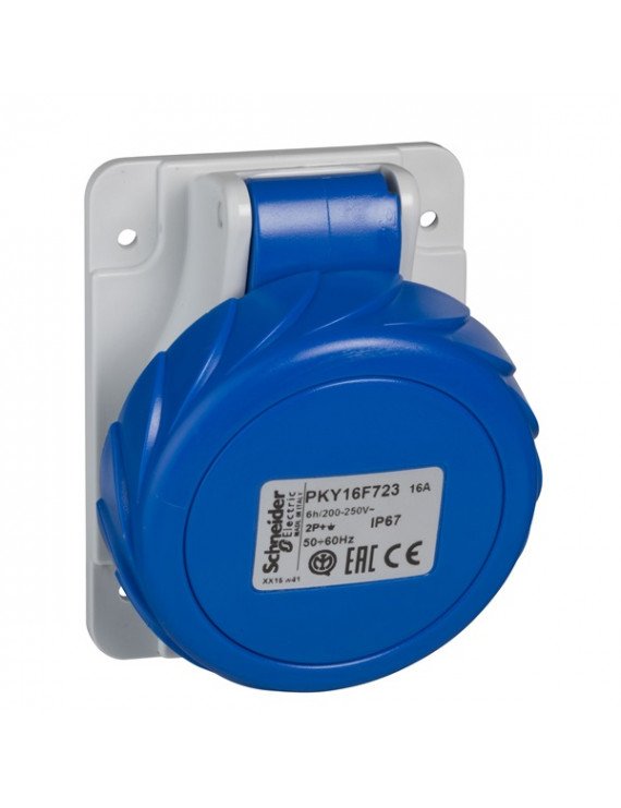 Schneider PKY32F723 PRATIKA 2P+F/6h/32A/250V/IP67/gyorscsatlakozás/panelre szerelhető döntött aljzat