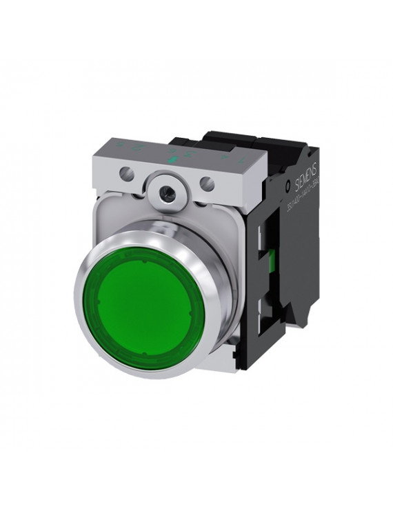 Siemens 3SU1152-0AB40-3BA0 fém visszaugró IP69k komplett zöld sárga 24V AC/DC 1NO húzórugós IP69k világítós nyomógomb