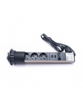 TOO PPS-305-3C IP20, 3x 2P+F, 2x USB-A, króm asztalba süllyeszthető elosztó